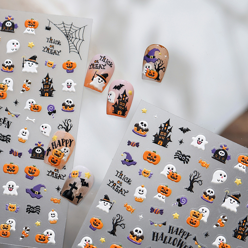 Halloween 3D Self-Adhesive Stickers - 3D Embossed Creepy Cute Spooky Kawaii Decals for Nail Art Decoration