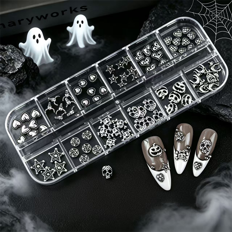 Halloween Alloy Charm - 12-Grid Metallic Alloy Nail Accessories Easy-to-Apply for Creative Eye-Catching Manicures