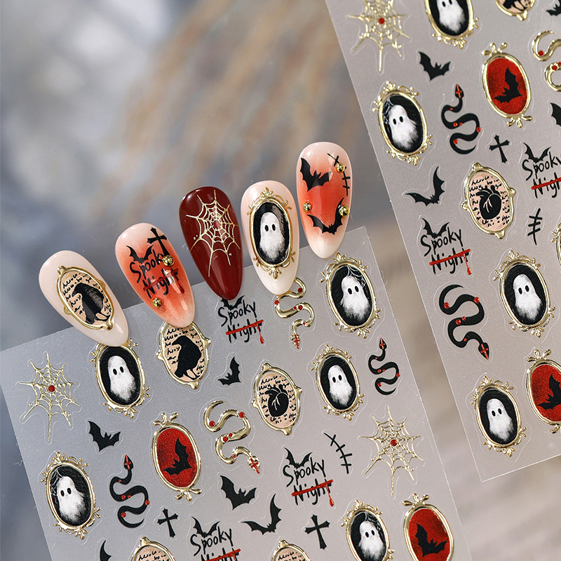 Halloween Metallic Self-Adhesive Stickers - 3D Embossed Creepy Cute Spooky Kawaii Decals for Nail Art Decoration