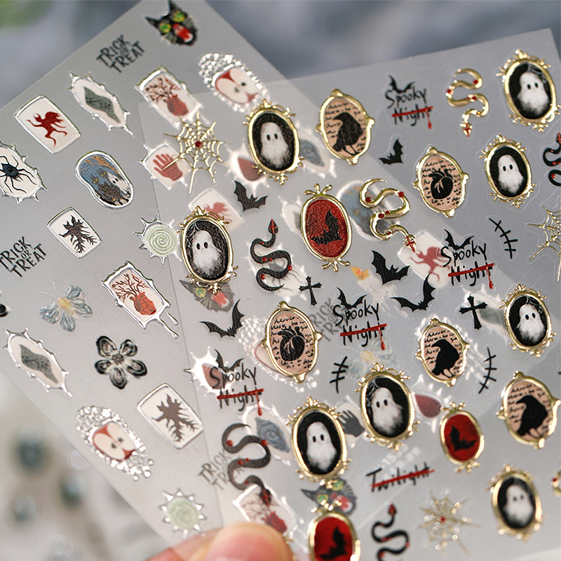 Halloween Metallic Self-Adhesive Stickers - 3D Embossed Creepy Cute Spooky Kawaii Decals for Nail Art Decoration