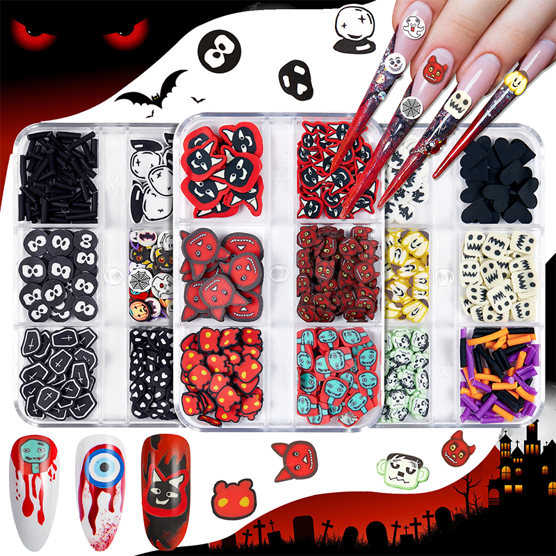 Halloween Polymer Slices - 6 Grids Multiple Shape 3D Nail Art Charms Supplies for Nails DIY Decorations