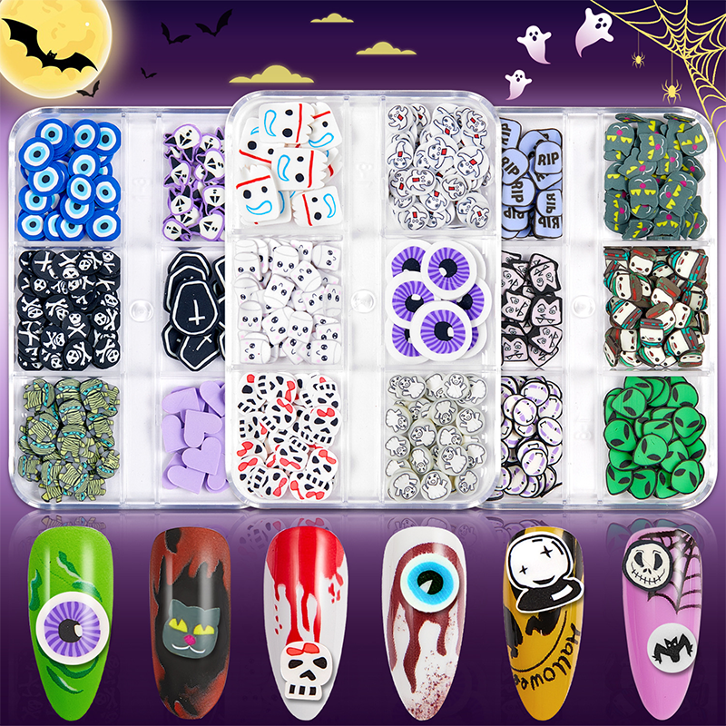 Halloween Polymer Slices - 6 Grids Multiple Shape 3D Nail Art Charms Supplies for Nails DIY Decorations