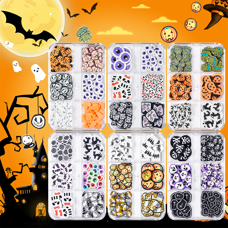 Halloween Polymer Slices - 6 Grids Multiple Shape 3D Nail Art Charms Supplies for Nails DIY Decorations