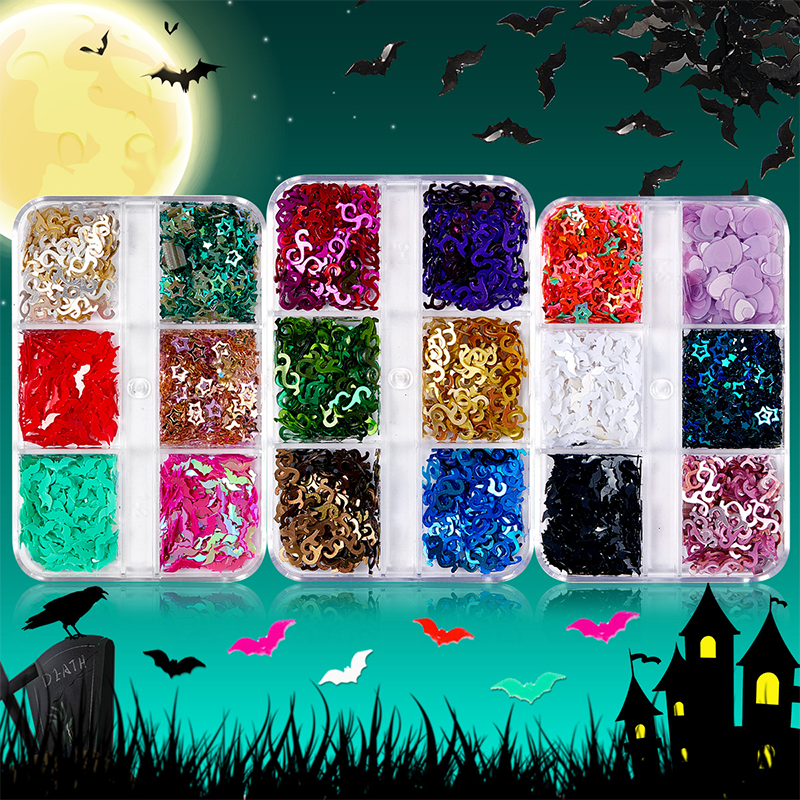 Halloween Sequins - 6 Grids Ultra-Thin Zero-Lift Engineering Multiple Shape Round Square Diamond Triangle Nail Art Glitter Supplies for Nails DIY Decorations