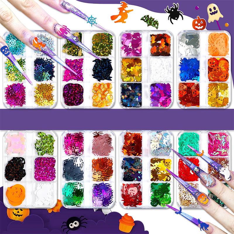 Halloween Ultra-Thin Sequins - 6 Grids Zero-Lift Engineering Nail Art Glitter Supplies for Nails DIY Decorations