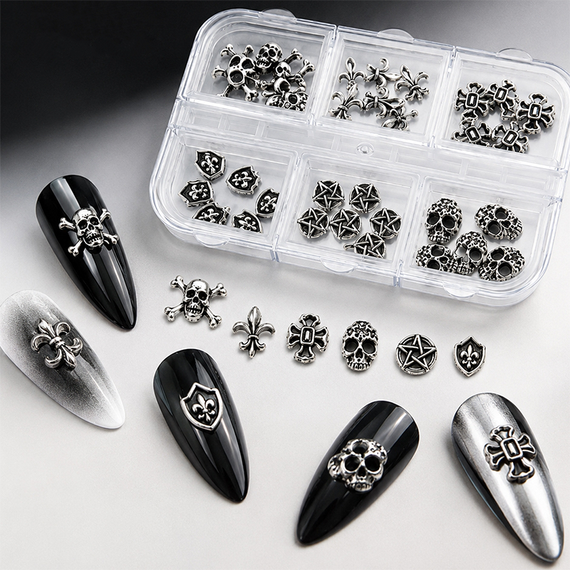 Halloween Alloy Charm - 6-Grid Distressed Vintage Metallic Alloy Nail Accessories Easy-to-Apply for Creative Eye-Catching Manicures