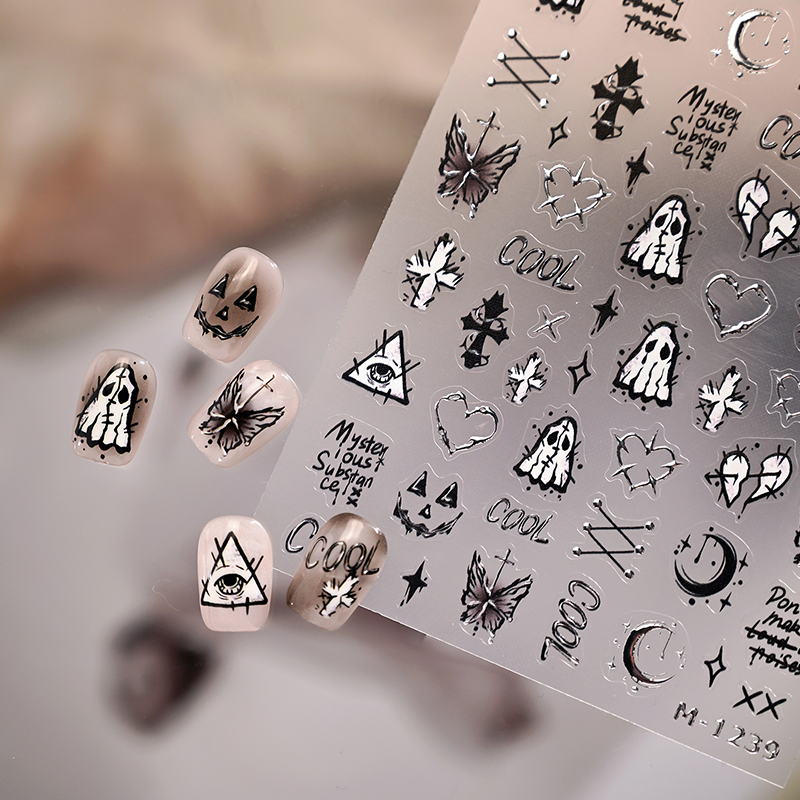 Halloween Metallic Self-Adhesive Stickers - 3D Embossed Creepy Cute Spooky Kawaii Decals for Nail Art Decoration