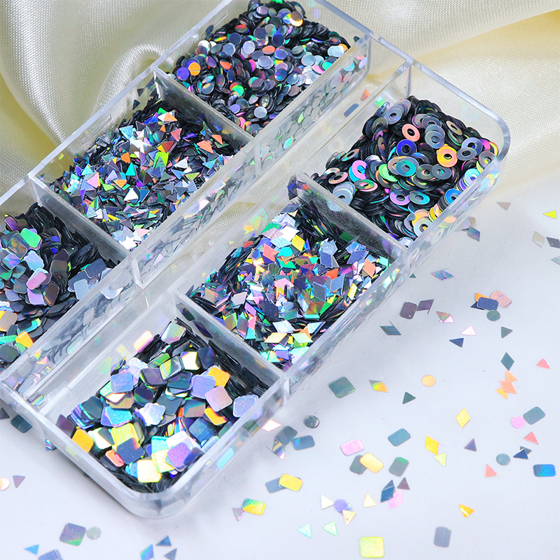 Laser Silver Sequins - 6 Grids Ultra-Thin Zero-Lift Engineering Multiple Shape Round Square Diamond Triangle Nail Art Glitter Supplies for Nails DIY Decorations