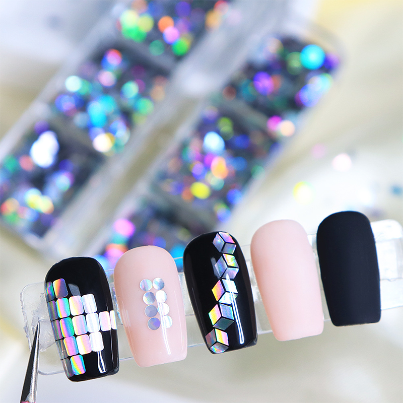 Laser Silver Sequins - 6 Grids Ultra-Thin Zero-Lift Engineering Multiple Shape Round Square Diamond Triangle Nail Art Glitter Supplies for Nails DIY Decorations