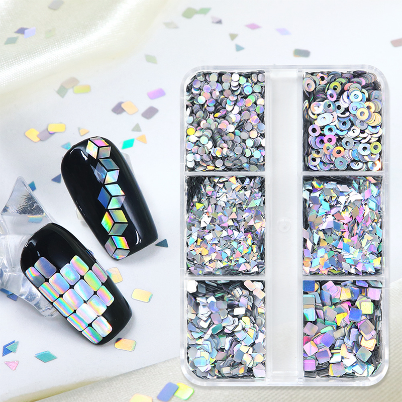 Laser Silver Sequins - 6 Grids Ultra-Thin Zero-Lift Engineering Multiple Shape Round Square Diamond Triangle Nail Art Glitter Supplies for Nails DIY Decorations