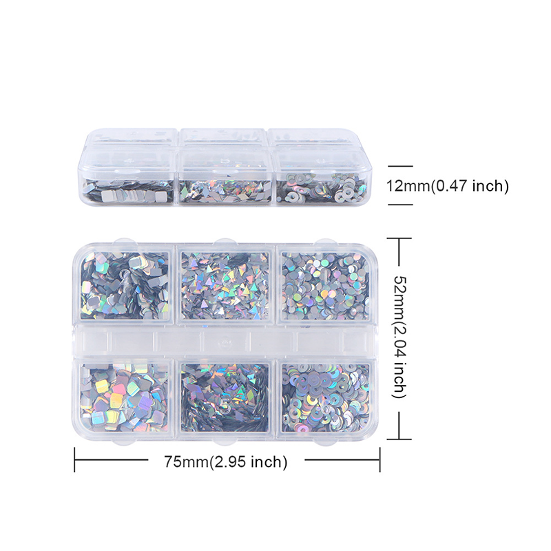 Laser Silver Sequins - 6 Grids Ultra-Thin Zero-Lift Engineering Multiple Shape Round Square Diamond Triangle Nail Art Glitter Supplies for Nails DIY Decorations