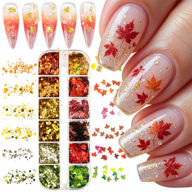 Mixed Maple Leaf & Hexagon Sequin Pack - 12 Grids Ultra-Thin Zero-Lift Engineering Nail Art Glitter Supplies for Nails DIY Decorations