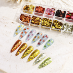 Mixed Maple Leaf & Hexagon Sequin Pack - 12 Grids Ultra-Thin Zero-Lift Engineering Nail Art Glitter Supplies for Nails DIY Decorations