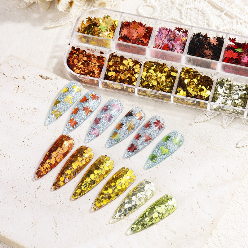 Mixed Maple Leaf & Hexagon Sequin Pack - 12 Grids Ultra-Thin Zero-Lift Engineering Nail Art Glitter Supplies for Nails DIY Decorations