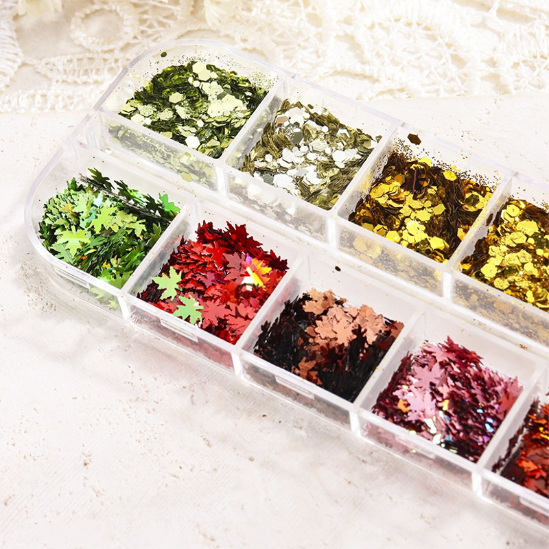 Mixed Maple Leaf & Hexagon Sequin Pack - 12 Grids Ultra-Thin Zero-Lift Engineering Nail Art Glitter Supplies for Nails DIY Decorations