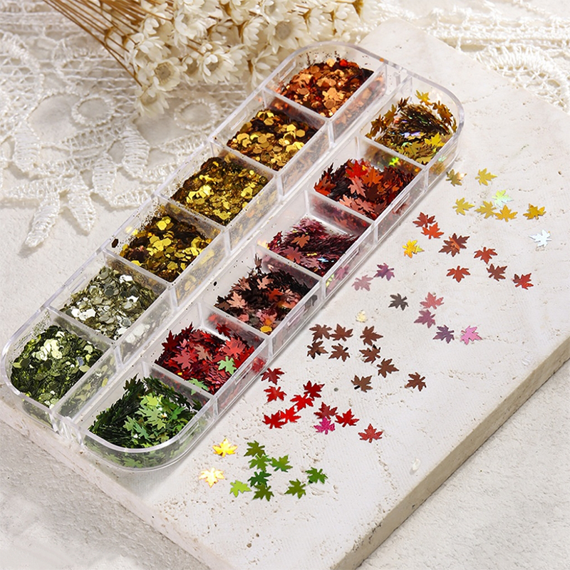 Mixed Maple Leaf & Hexagon Sequin Pack - 12 Grids Ultra-Thin Zero-Lift Engineering Nail Art Glitter Supplies for Nails DIY Decorations
