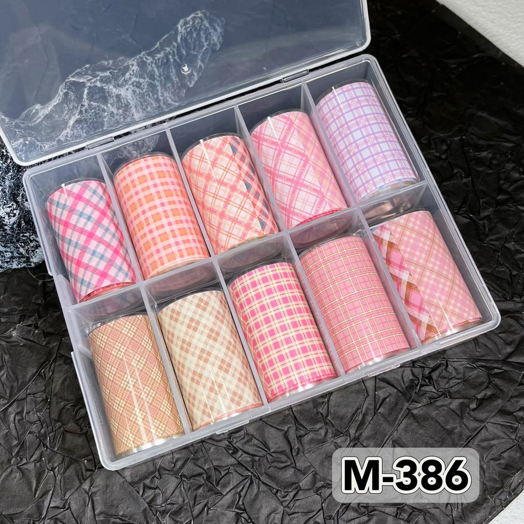 Plaid Pattern Foil Transfer -10 Rolls/1 Box Checkered Nail Art Colored Background Decals for DIY Decorations Supplies Design