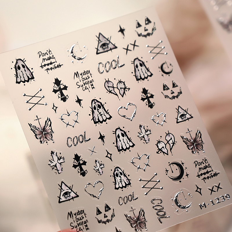 Halloween Metallic Self-Adhesive Stickers - 3D Embossed Creepy Cute Spooky Kawaii Decals for Nail Art Decoration