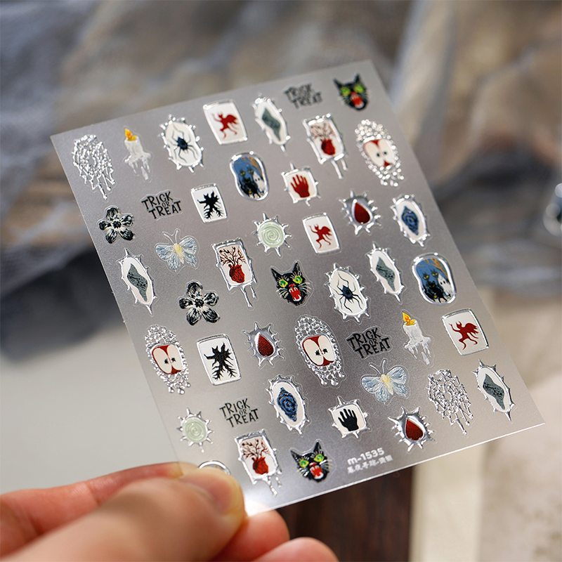 Halloween Metallic Self-Adhesive Stickers - 3D Embossed Creepy Cute Spooky Kawaii Decals for Nail Art Decoration