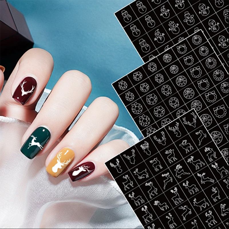 Christmas Stencils - Bells, Tree, Snowman Style Patterns Self-adhesive Reusable Gel Airbrush Nail Guides Decals Templates Stickers Supplies Vinyl for beginners easy DIY Manicure