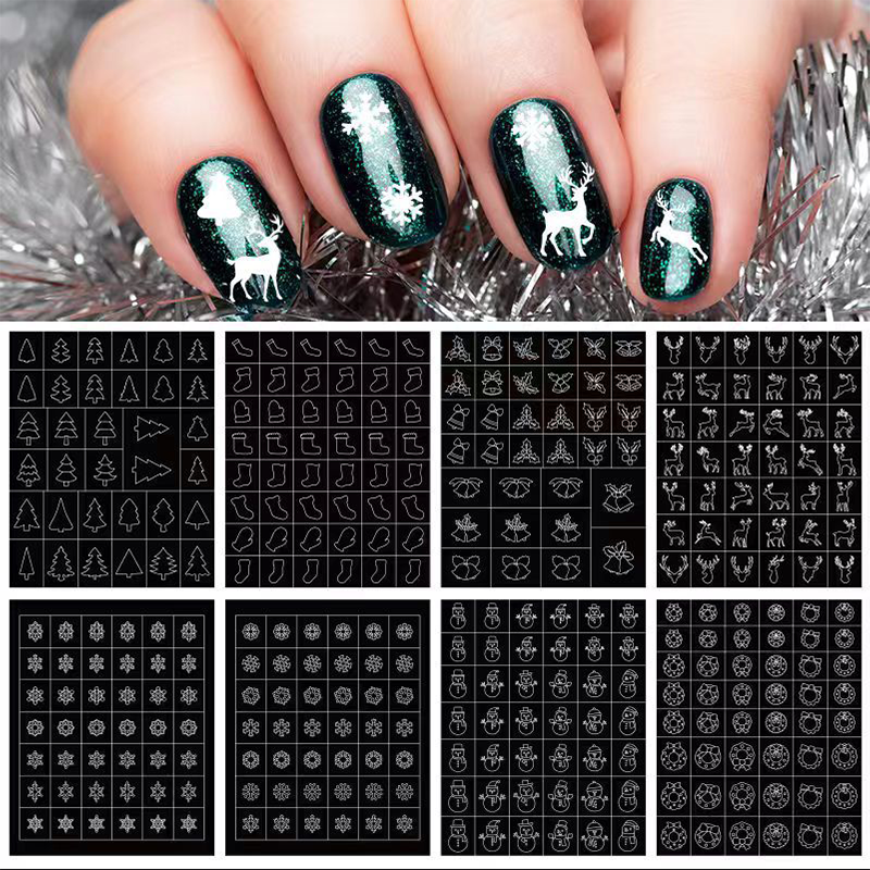 Christmas Stencils - Bells, Tree, Snowman Style Patterns Self-adhesive Reusable Gel Airbrush Nail Guides Decals Templates Stickers Supplies Vinyl for beginners easy DIY Manicure