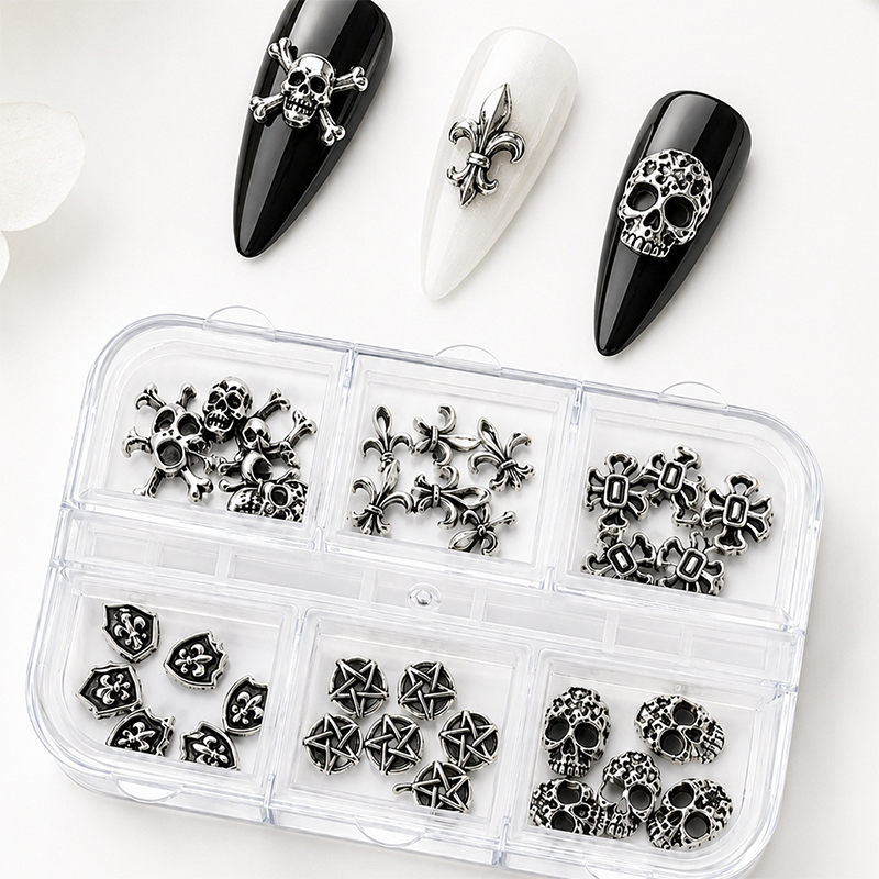 Halloween Alloy Charm - 6-Grid Distressed Vintage Metallic Alloy Nail Accessories Easy-to-Apply for Creative Eye-Catching Manicures