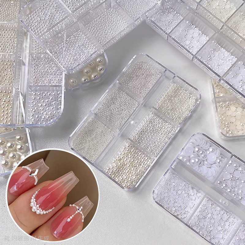 Round and Half Round Pearls - 6-Grid Off-White White Multiple sizes Nail 3D Art Accessories Charms and Gems Easy-to-Apply for Beginner Professional Creative Eye-Catching Manicures