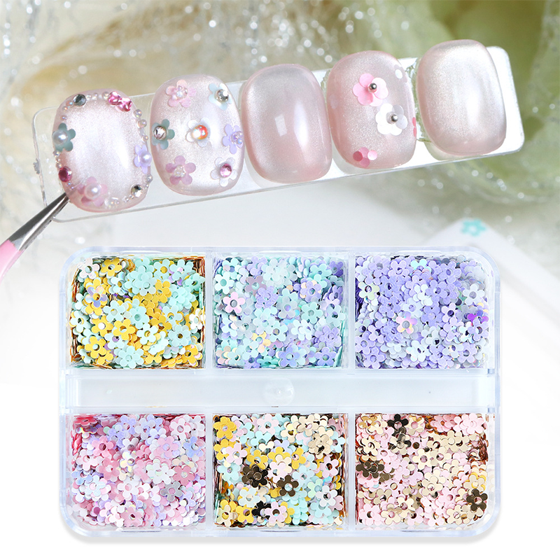Plum Blossom Sequins - 6 Grids Thin Multiple Colors and Sizes 3D Holographic Colorful Circular Nail Art Glitter Supplies for Nails DIY Decorations