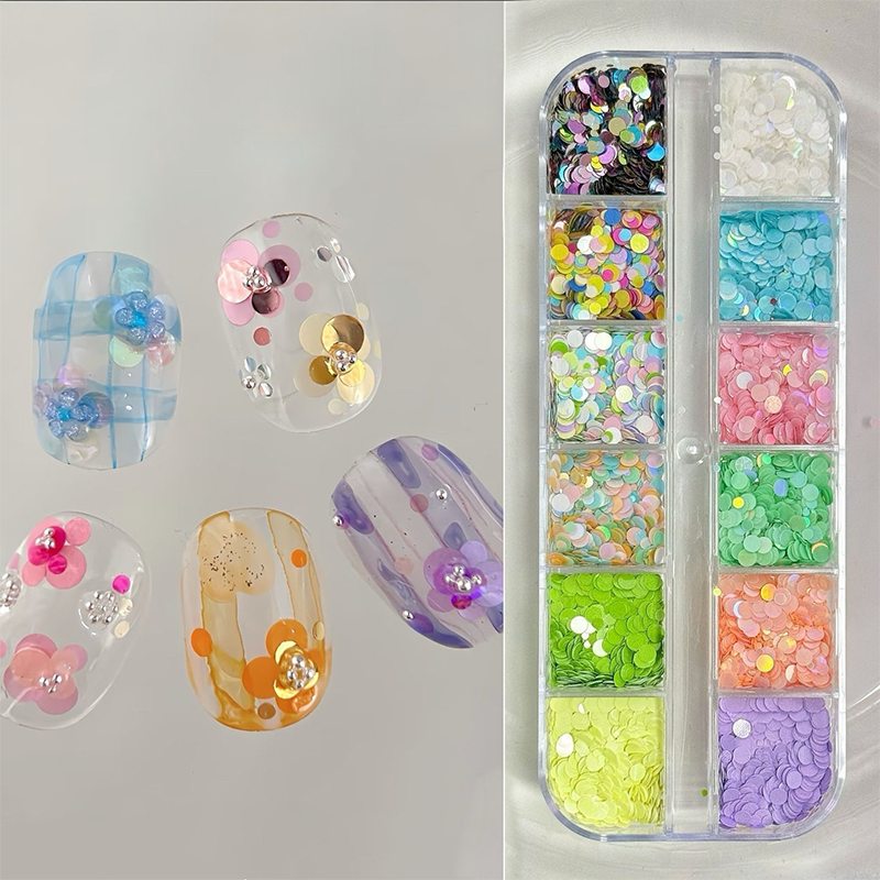 Dot Sequins - 12 Grids Ultra-Thin Zero-Lift Engineering Multiple Colors and Sizes 3D Holographic Colorful Circular Nail Art Glitter Supplies for Nails DIY Decorations