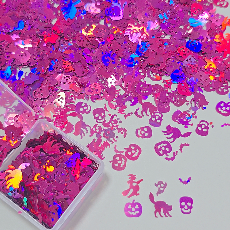 Halloween Sequins - Ultra-Thin Mix Skull Pumpkin Bat Ghost Cat Witch Design 3D Holographic Nail Art Glitter Supplies for Nails DIY Decorations