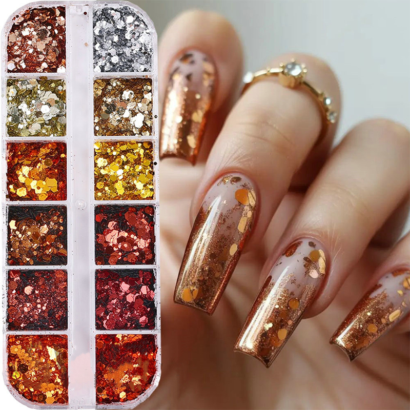 Maillard Hexagon Sequin - 12 Grids Ultra-Thin Zero-Lift Engineering Nail Art Glitter Supplies for Nails DIY Decorations