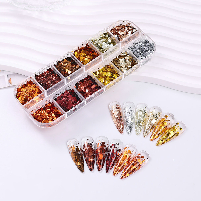 Maillard Hexagon Sequin - 12 Grids Ultra-Thin Zero-Lift Engineering Nail Art Glitter Supplies for Nails DIY Decorations