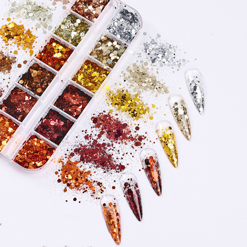 Maillard Hexagon Sequin - 12 Grids Ultra-Thin Zero-Lift Engineering Nail Art Glitter Supplies for Nails DIY Decorations