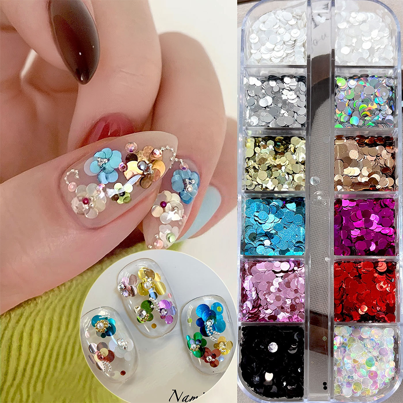 Dot Sequins - 12 Grids Thin Multiple Colors and Sizes 3D Holographic Colorful Circular Nail Art Glitter Supplies for Nails DIY Decorations