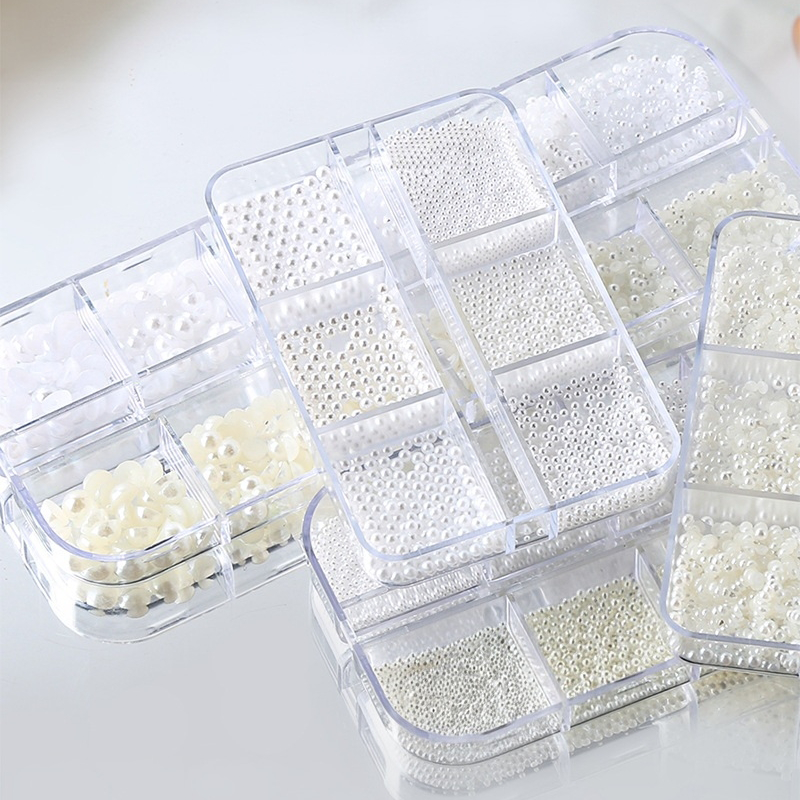 Round and Half Round Pearls - 6-Grid Off-White White Multiple sizes Nail 3D Art Accessories Charms and Gems Easy-to-Apply for Beginner Professional Creative Eye-Catching Manicures