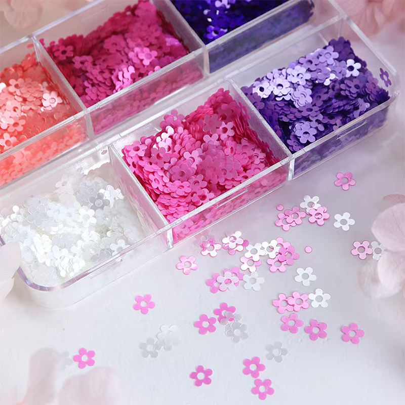 Plum Blossom Sequins - 6 Grids Thin Multiple Colors and Sizes 3D Holographic Colorful Circular Nail Art Glitter Supplies for Nails DIY Decorations