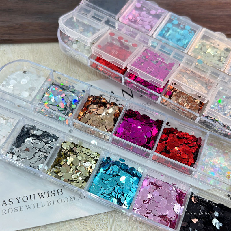 Dot Sequins - 12 Grids Thin Multiple Colors and Sizes 3D Holographic Colorful Circular Nail Art Glitter Supplies for Nails DIY Decorations