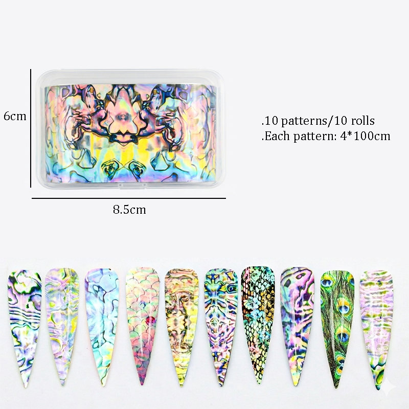 Iridescent Shell Foil Transfer - 10 Rolls/1 Box Nail Art Decals for DIY Decorations Supplies Design
