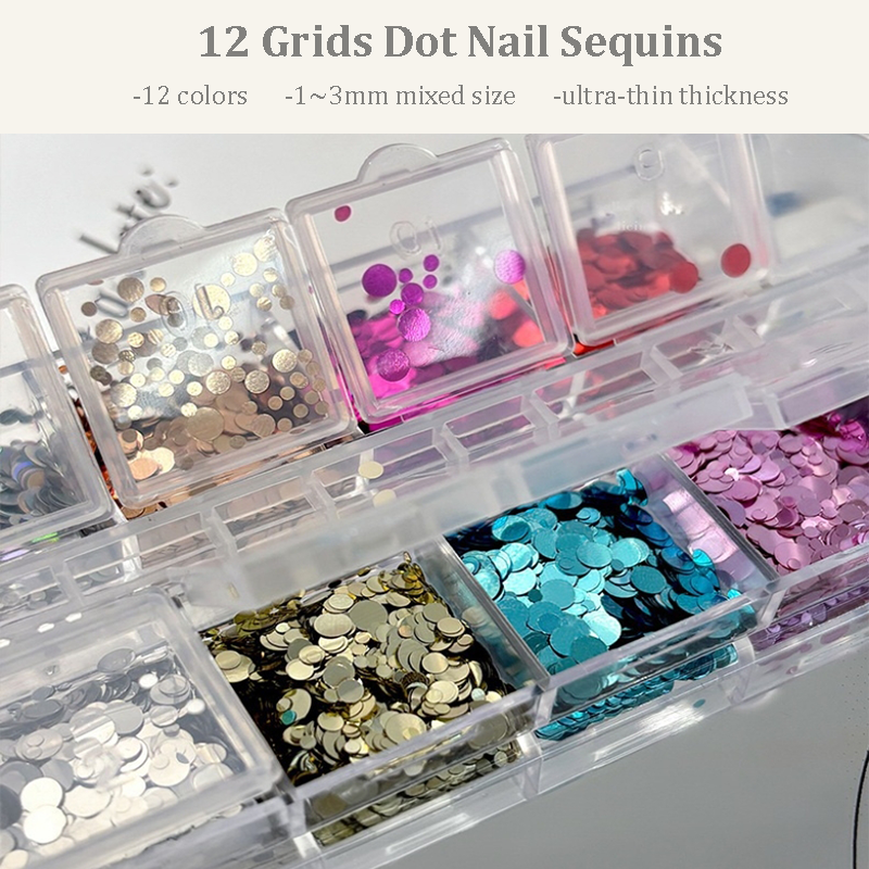 Dot Sequins - 12 Grids Thin Multiple Colors and Sizes 3D Holographic Colorful Circular Nail Art Glitter Supplies for Nails DIY Decorations