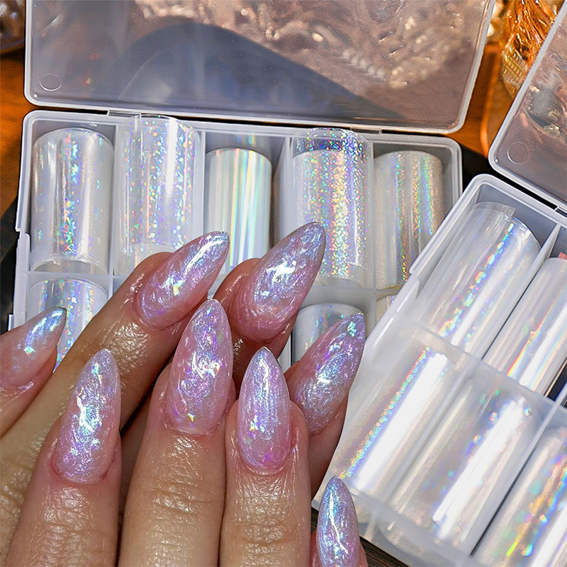 Transparent Iridescent  Foil Transfer -10 Rolls/1 Box Laser Starry Sky Star Holographic Nail Art Decals for DIY Decorations Supplies Design