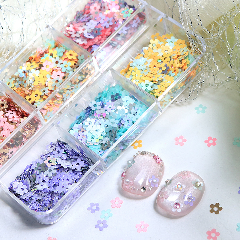 Plum Blossom Sequins - 6 Grids Thin Multiple Colors and Sizes 3D Holographic Colorful Circular Nail Art Glitter Supplies for Nails DIY Decorations