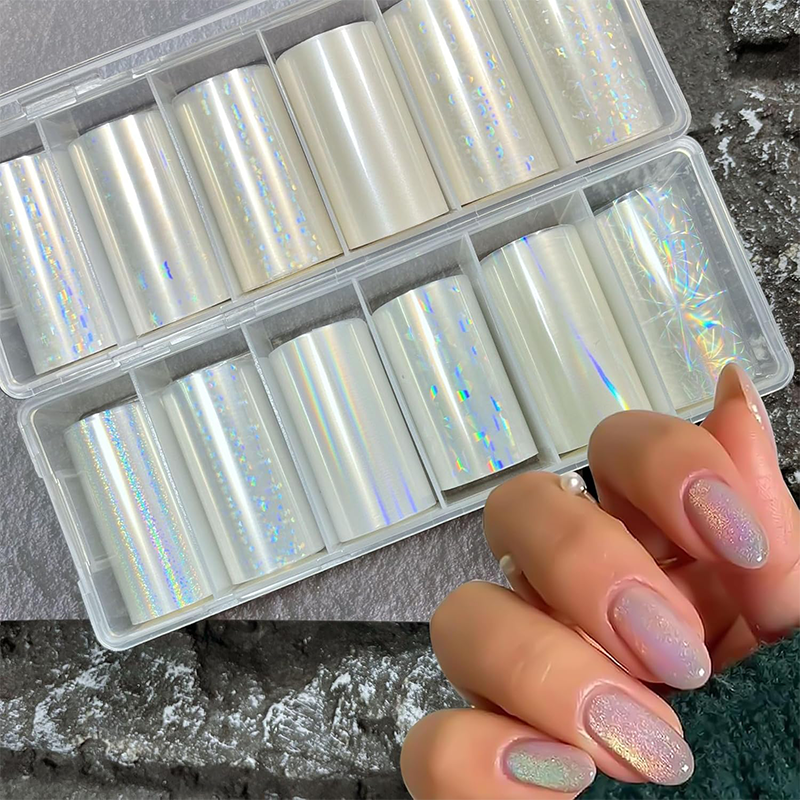 Transparent Iridescent  Foil Transfer -10 Rolls/1 Box Laser Starry Sky Star Holographic Nail Art Decals for DIY Decorations Supplies Design