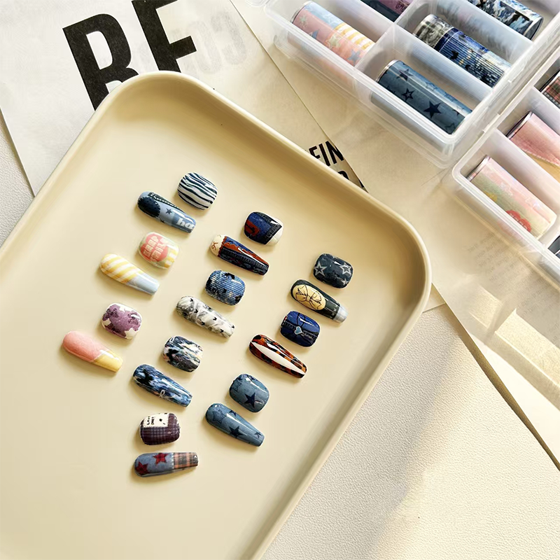Denim Foil Transfer -1 Roll, 10 Rolls/1 Box Jeans Vintage Chic Nail Art Decals for DIY Decorations Supplies Design