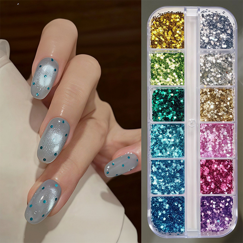 Mini Dot Sequins - 1mm 12 Grids Ultra-Thin Zero-Lift Engineering Multiple Colors 3D Holographic Colorful Circular Nail Art Glitter Supplies for Nails DIY Decorations