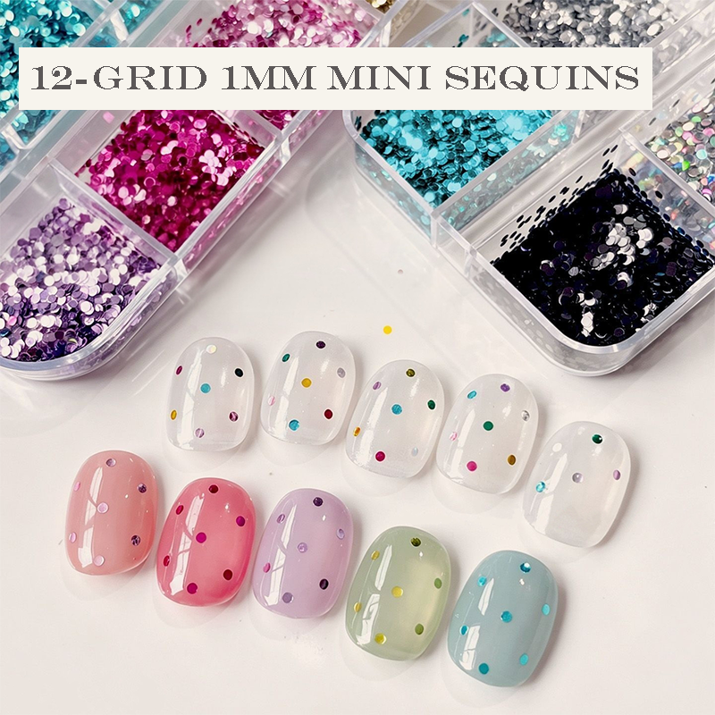 Mini Dot Sequins - 1mm 12 Grids Ultra-Thin Zero-Lift Engineering Multiple Colors 3D Holographic Colorful Circular Nail Art Glitter Supplies for Nails DIY Decorations