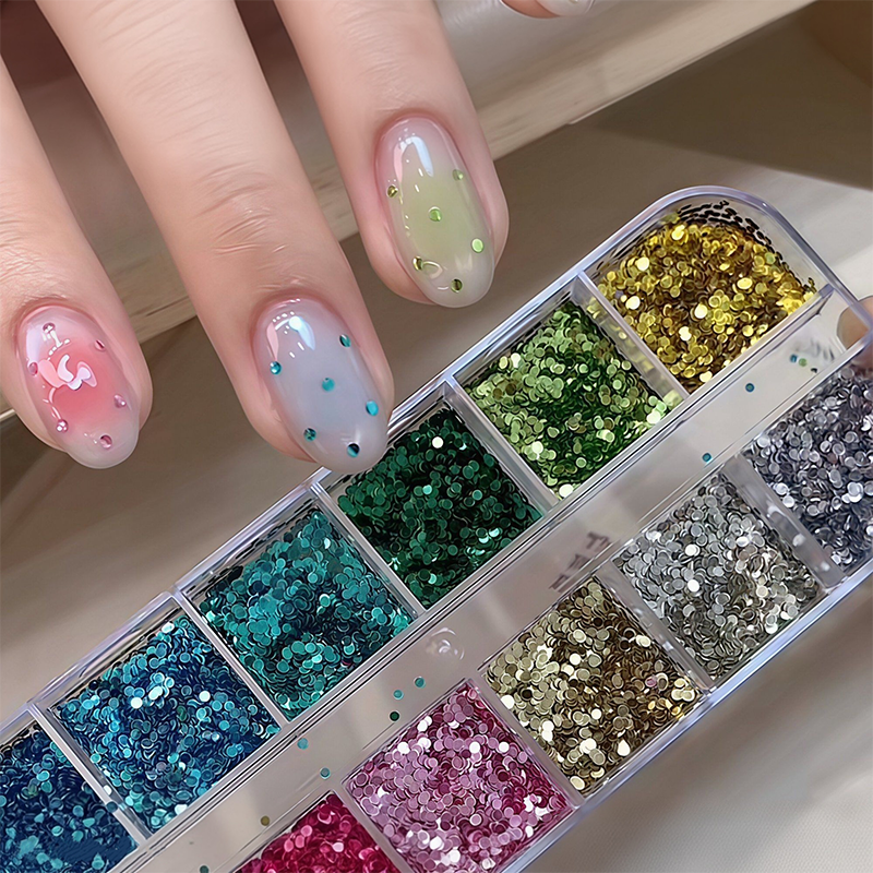 Mini Dot Sequins - 1mm 12 Grids Ultra-Thin Zero-Lift Engineering Multiple Colors 3D Holographic Colorful Circular Nail Art Glitter Supplies for Nails DIY Decorations