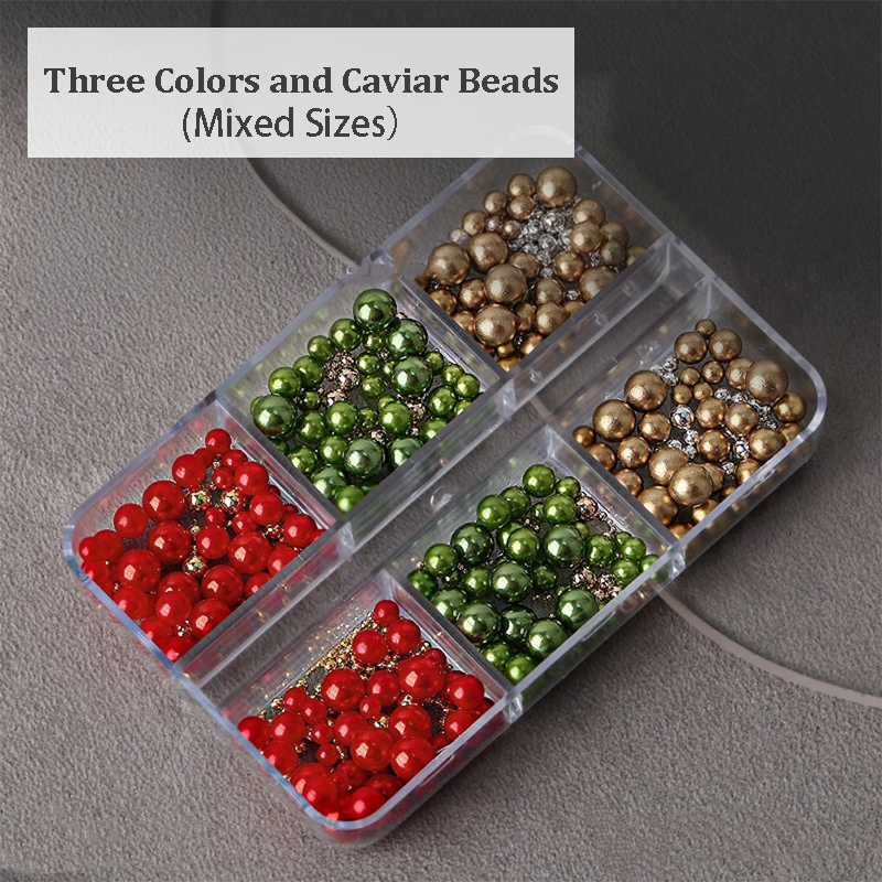 Christmas Round Pearls - 6-Grid Multiple sizes Nail Beads Metallic Alloy Nail 3D Art Accessories Charms and Gems Ball Colorful Rhinestones Easy-to-Apply for Beginner Professional Creative Eye-Catching Manicures