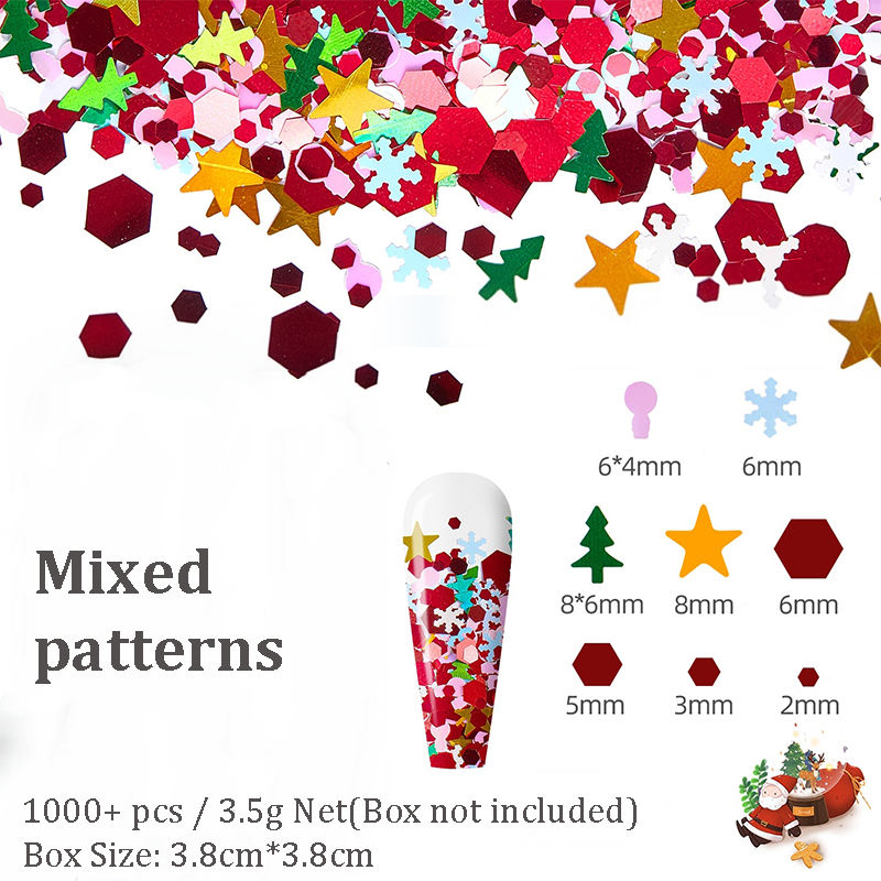 Christmas Sequins - 1 Box Thin  Multiple Patterns Christmas Tree Pentagram Cruciform Star Round 3D Holographic Colorful Nail Art Glitter Supplies for Nails DIY Decorations