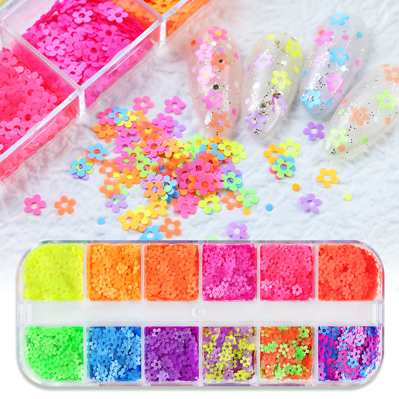 Plum Blossom Sequins - 6 Grids Thin Multiple Colors and Sizes 3D Holographic Colorful Circular Nail Art Glitter Supplies for Nails DIY Decorations