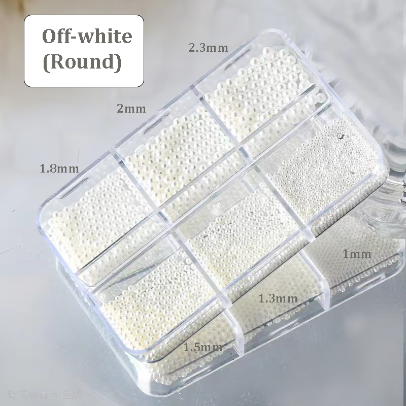 Round and Half Round Pearls - 6-Grid Off-White White Multiple sizes Nail 3D Art Accessories Charms and Gems Easy-to-Apply for Beginner Professional Creative Eye-Catching Manicures